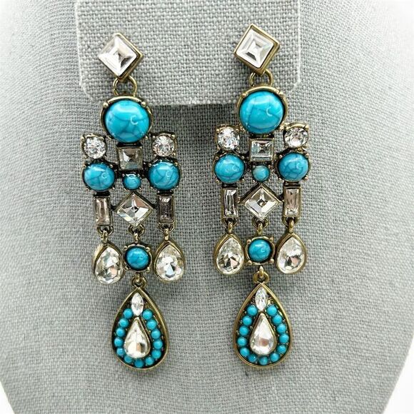 Bohemian Faux Turquoise & Rhinestone Sparkle Dangle Chandelier Earrings Chic - Picture 1 of 8